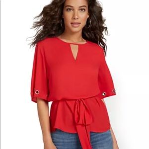 New York & Co., Red belted blouse with silver grommets on sleeves
